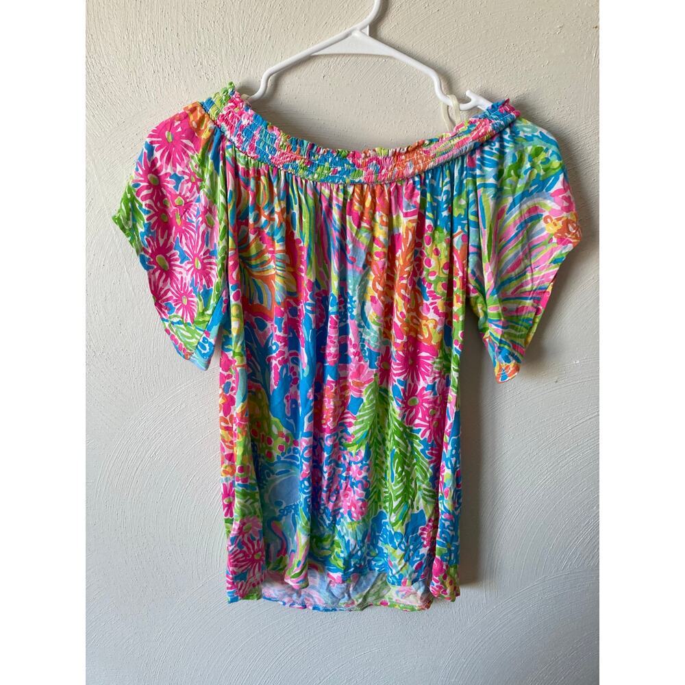 EUC Lilly Pulitzer Almeria Lovers Coral Stretch Off the Shoulder Top Bright XS - Picture 3 of 13